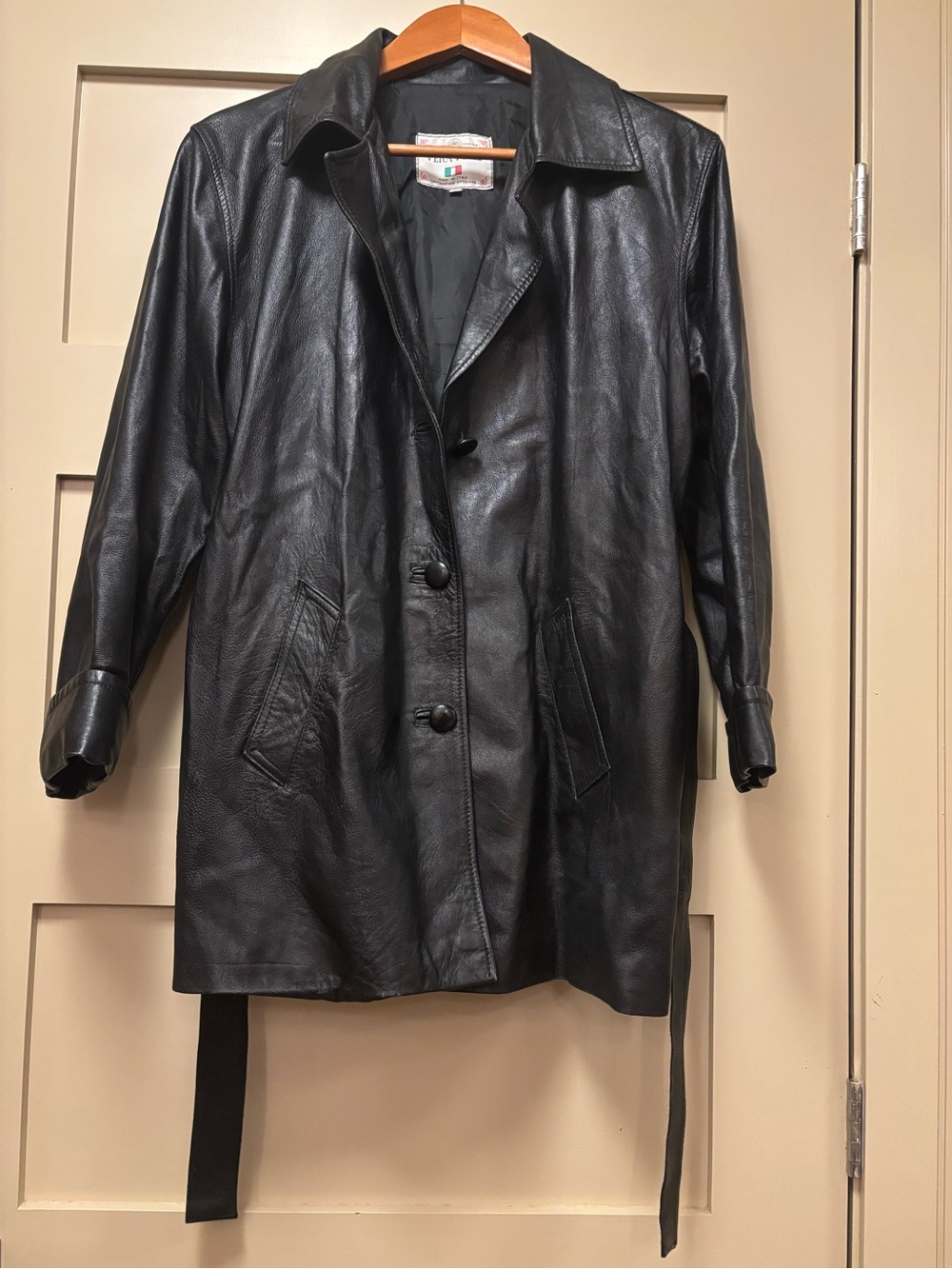 VINTAGE Leather Short Black Trench Relaxed Fluid Soft Tie Belt Italian S/M